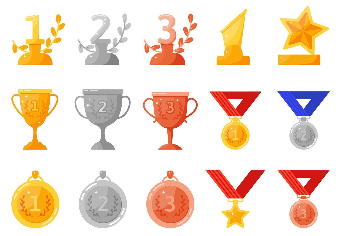 Trophy medals and cups. Gold, silver, bronze rewards, competition achievement, first, second, third place winning prize vector symbols set
