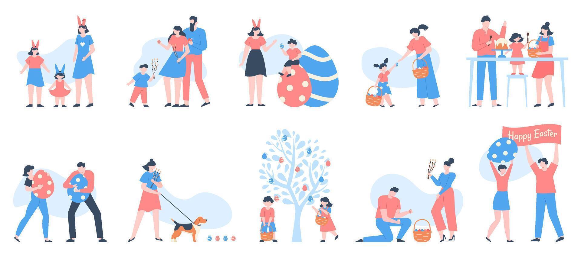 Easter characters. People carrying baskets of eggs, flowers and sweets, celebrating family with happy kids at egg hunting vector illustration set