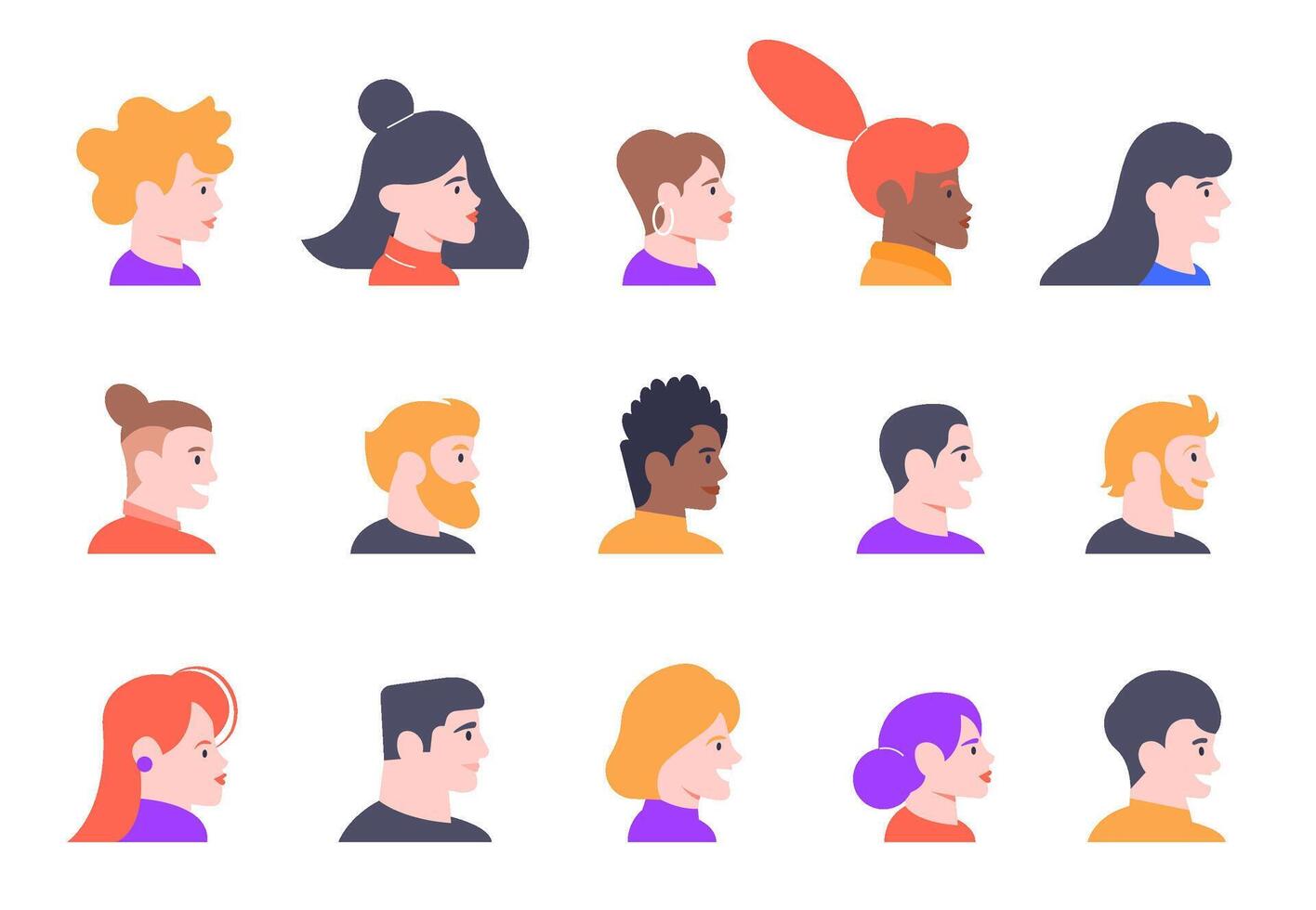 Profile people portraits. Face male and female profiles avatars, young people characters heads profile view isolated vector illustration icons set. Various women and men faces side view