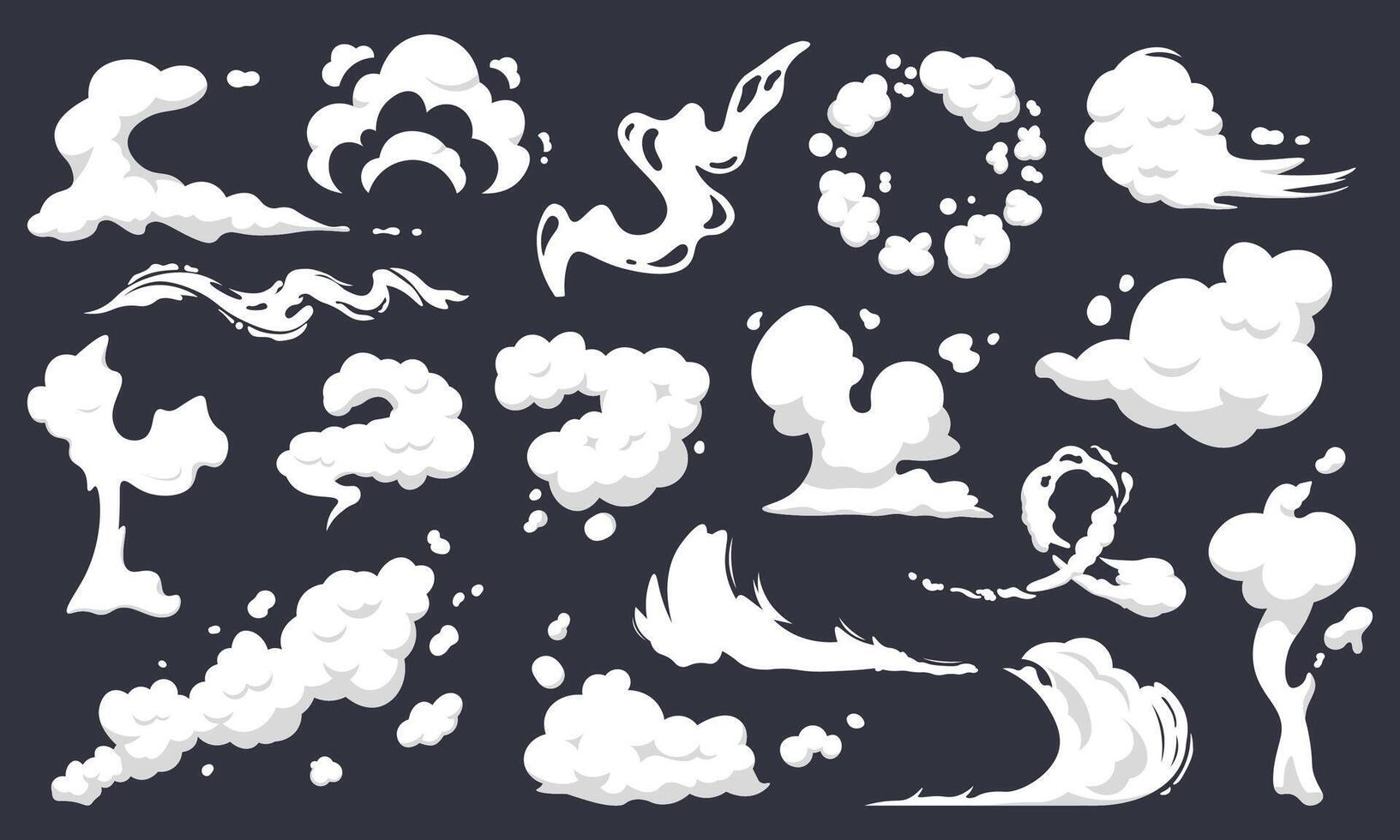 Cartoon smoke clouds. Comic smoke flows, dust, smog and smoke steaming cloud silhouettes isolated vector illustration set