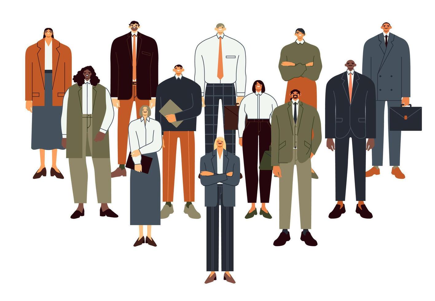 negocio personas equipo. profesional empleado personas grupo, oficina trabajadores y trabajo en equipo plano vector ilustración. multinacional colegas dibujos animados caracteres en negocio trajes en pie juntos