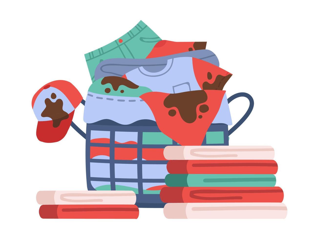 Laundry basket. Dirty clothing, jeans and socks in basket, apparel with stains in laundry basket. Dirty and clean garments vector illustration