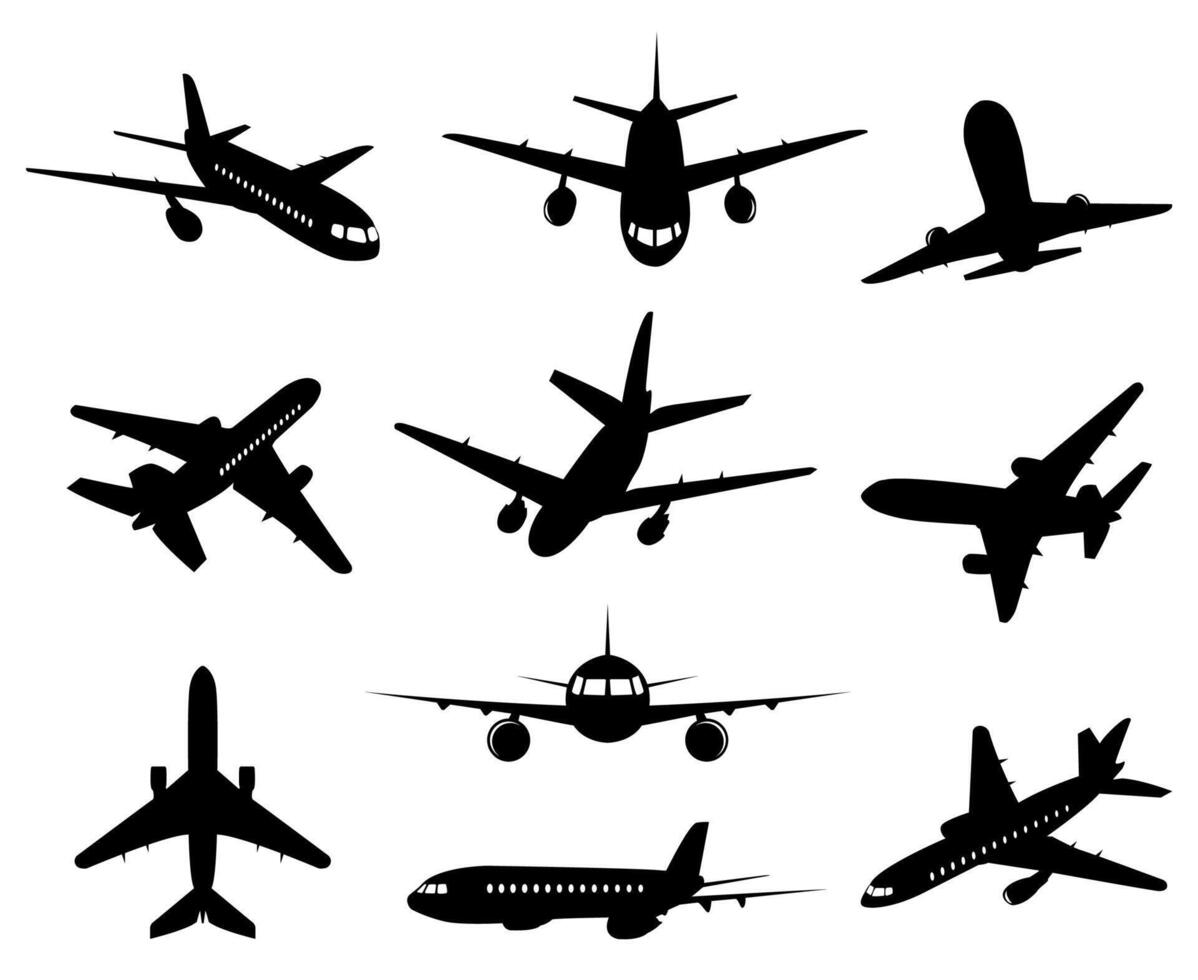 Airplane silhouette. Passenger plane landing, back front and bottom views, aircraft jet silhouettes isolated vector illustration icons set