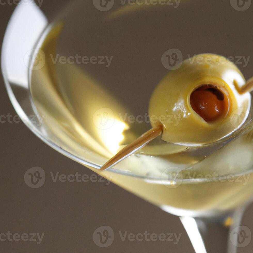 AI generated Alcohol, martini with olive and vodka, traditional cocktail drink. Evening classic drink. AI generated. photo