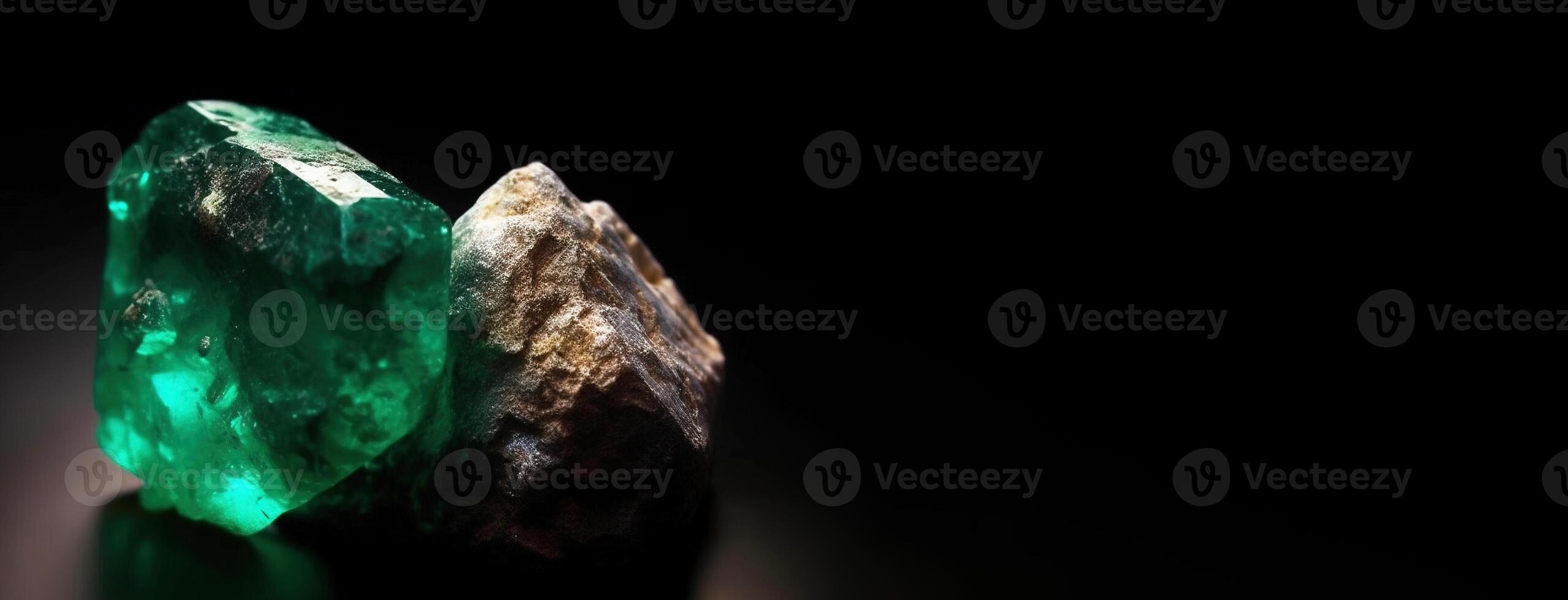 AI generated Emerald is a rare precious natural stone on a black background. AI generated. Header banner mockup with space. photo