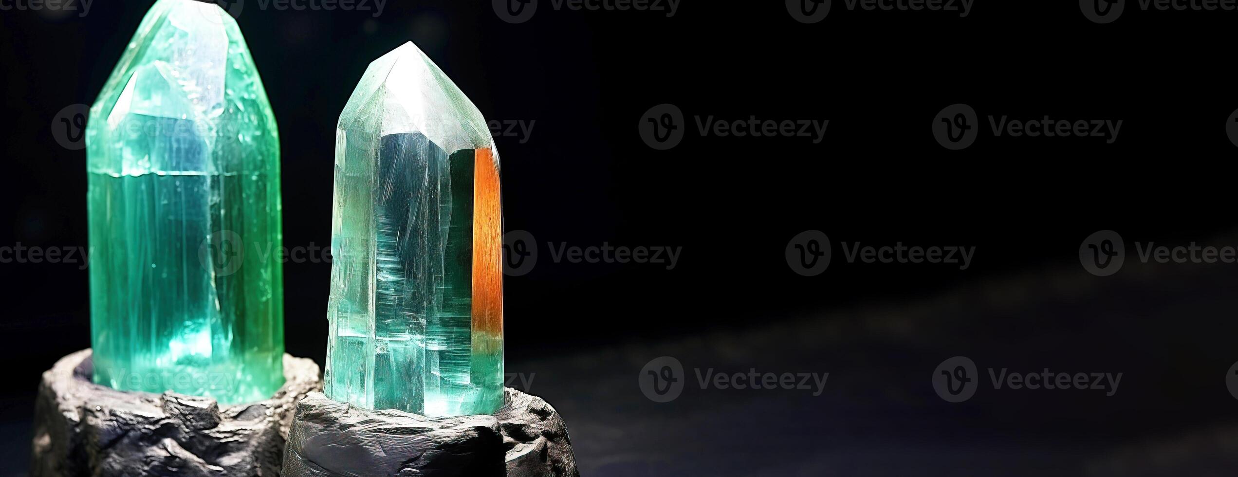 AI generated Aquamarine is a rare precious natural stone on a black background. AI generated. Header banner mockup with space. photo