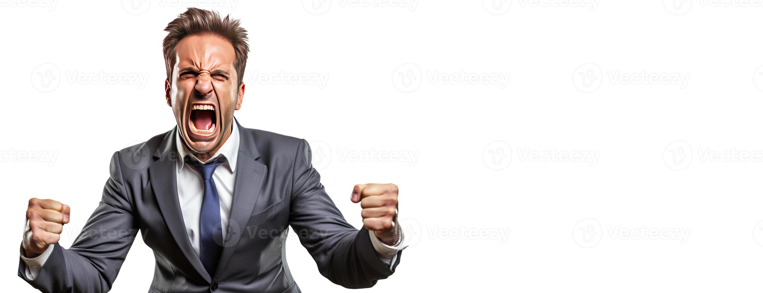 AI generated Close-up of a male politician in a suit, emotionally irritated angry, white background isolate. photo