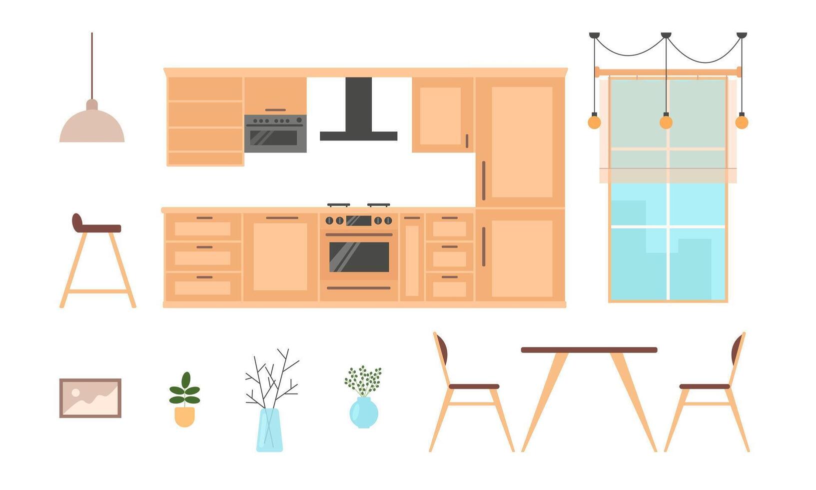 Kitchen interior set of cooking furniture and tools. Oven and fridge. Dining zone with window. Vector flat illustration in cartoon style