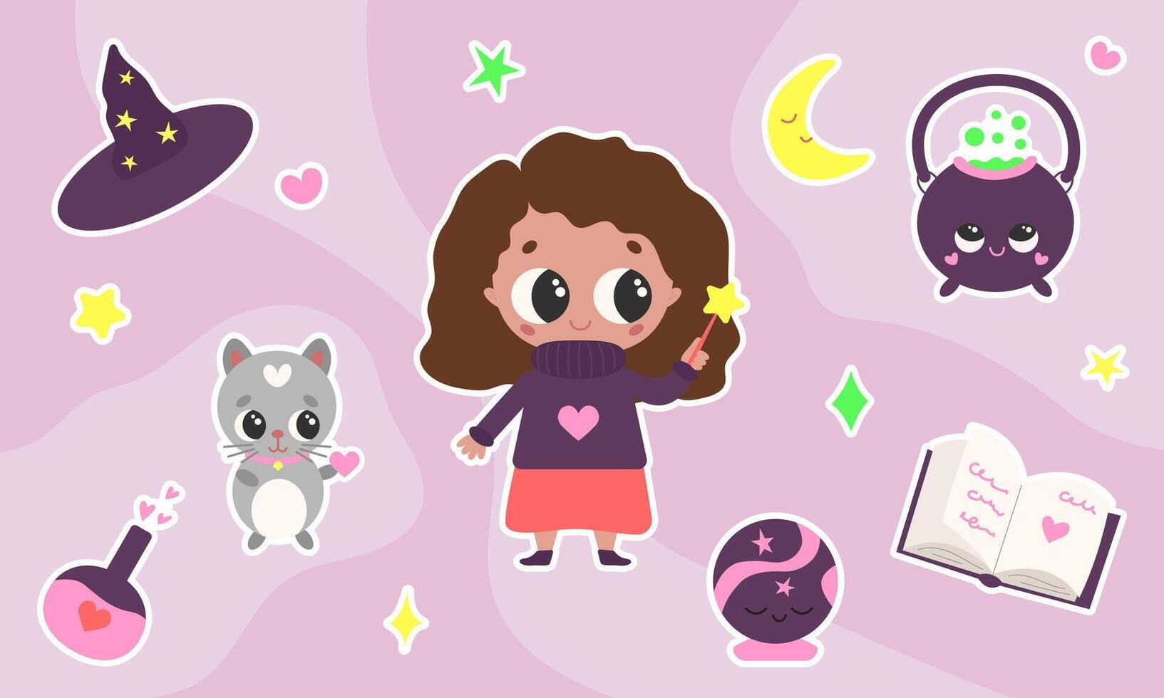 Cute magic sticker set with little girl, cat and love potions and spellbook. Cartoon vector elements for print and design