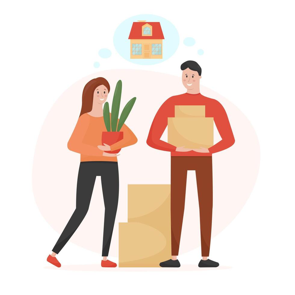 Young family couple are dreaming, planning and preparing to move to a new house. vector