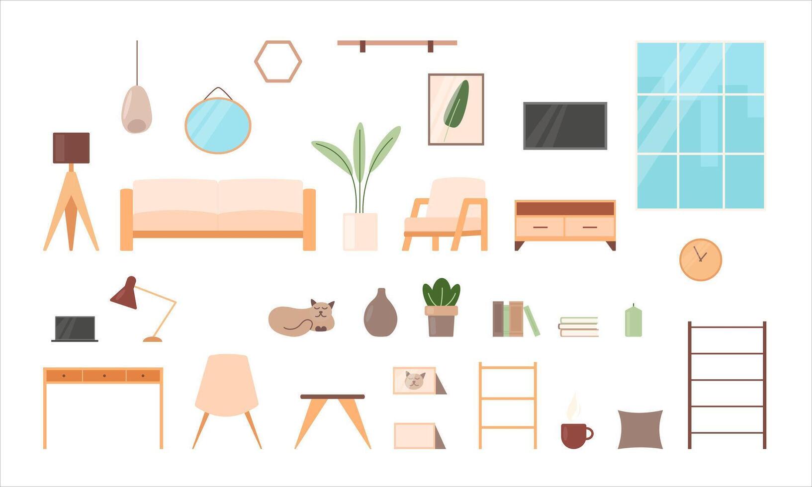 Interior set of living room furniture and accessories. House elements including home office and relax zone with sofa, armchair, tv and a cat. Vector flat illustration in minimalistic cartoon style