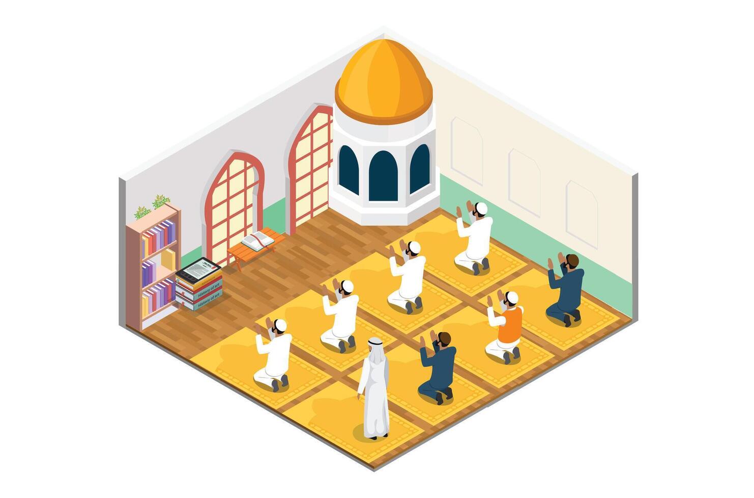 Illustration Praying in islam isometric composition with religious leader and muslims on mats on white background vector illustration, Suitable for Diagrams, Infographics, Book Illustration