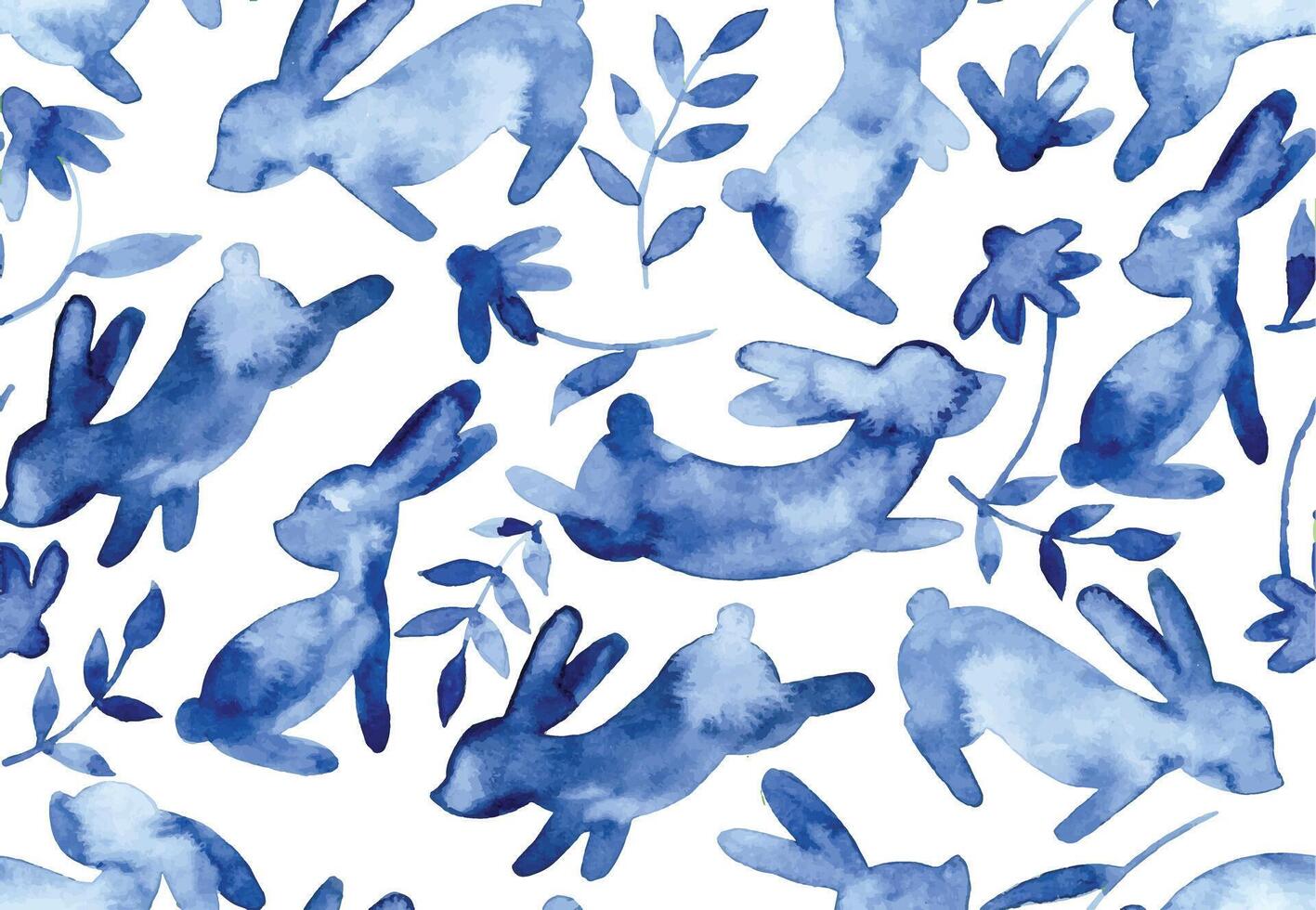 seamless pattern with silhouettes of Easter bunnies and flowers. blue watercolor drawing vector