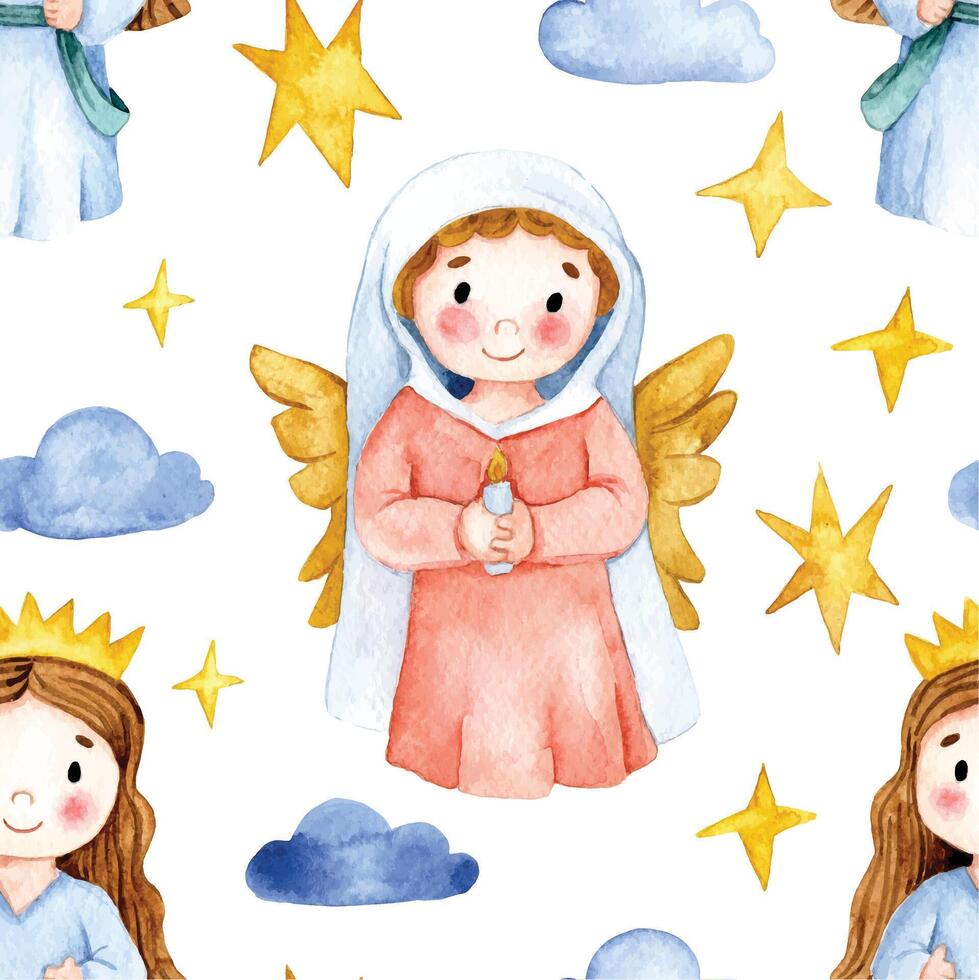 seamless pattern with cute angels, Christmas illustration for children. watercolor drawing vector