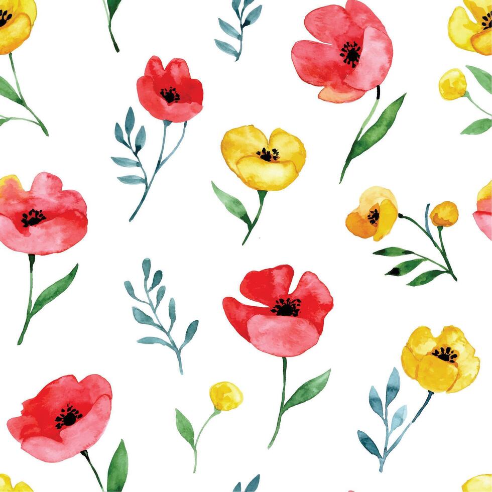 watercolor seamless pattern with wildflowers. red and yellow poppies on a white background, abstract print vector