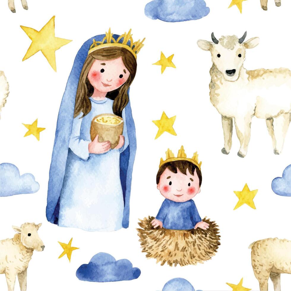 seamless pattern. manger with little jesus and wise men, christmas illustration for children. watercolor drawing vector