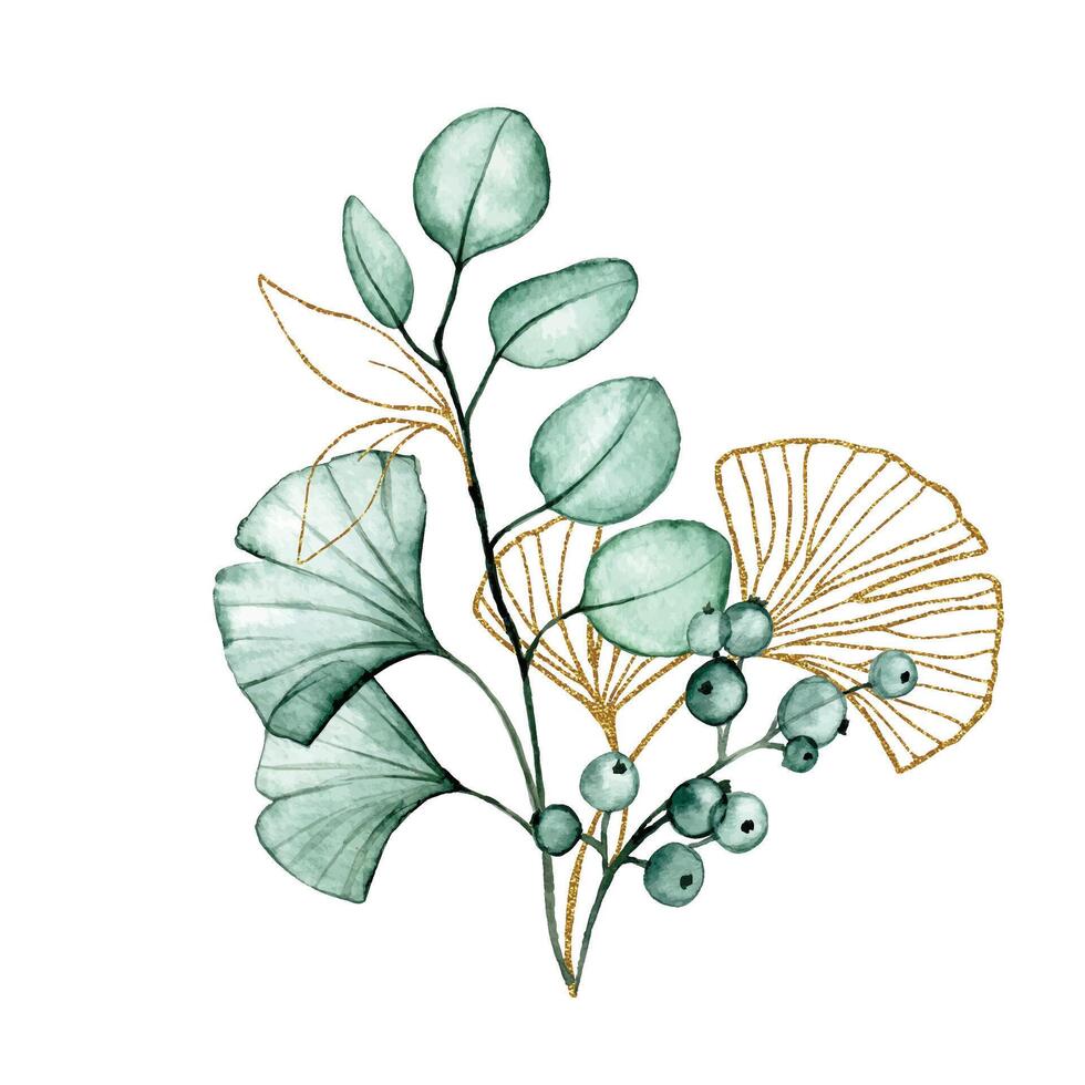 ramo de flores de transparente eucalipto y gingko hojas y oro elementos. acuarela dibujo vector