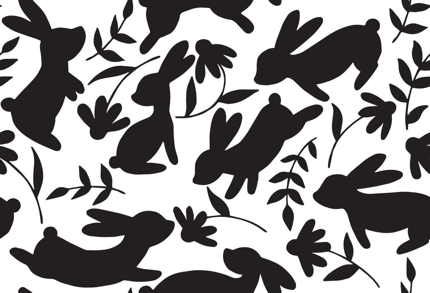 seamless pattern with silhouettes of Easter bunnies and flowers. vector black and white drawing