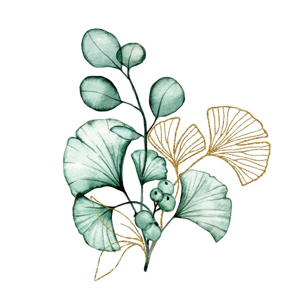 ramo de flores de transparente eucalipto y gingko hojas y oro elementos. acuarela dibujo vector