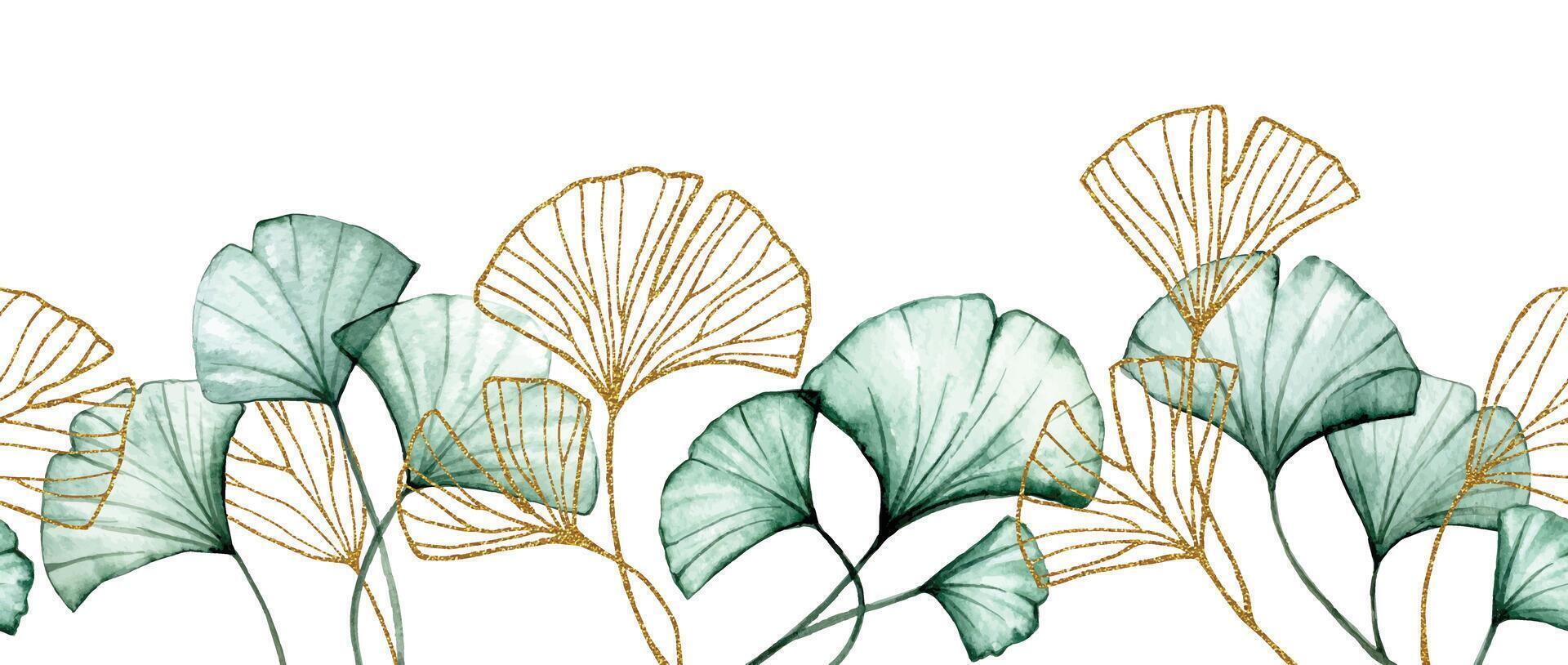 watercolor seamless border with transparent ginkgo leaves and golden leaves. frame vector