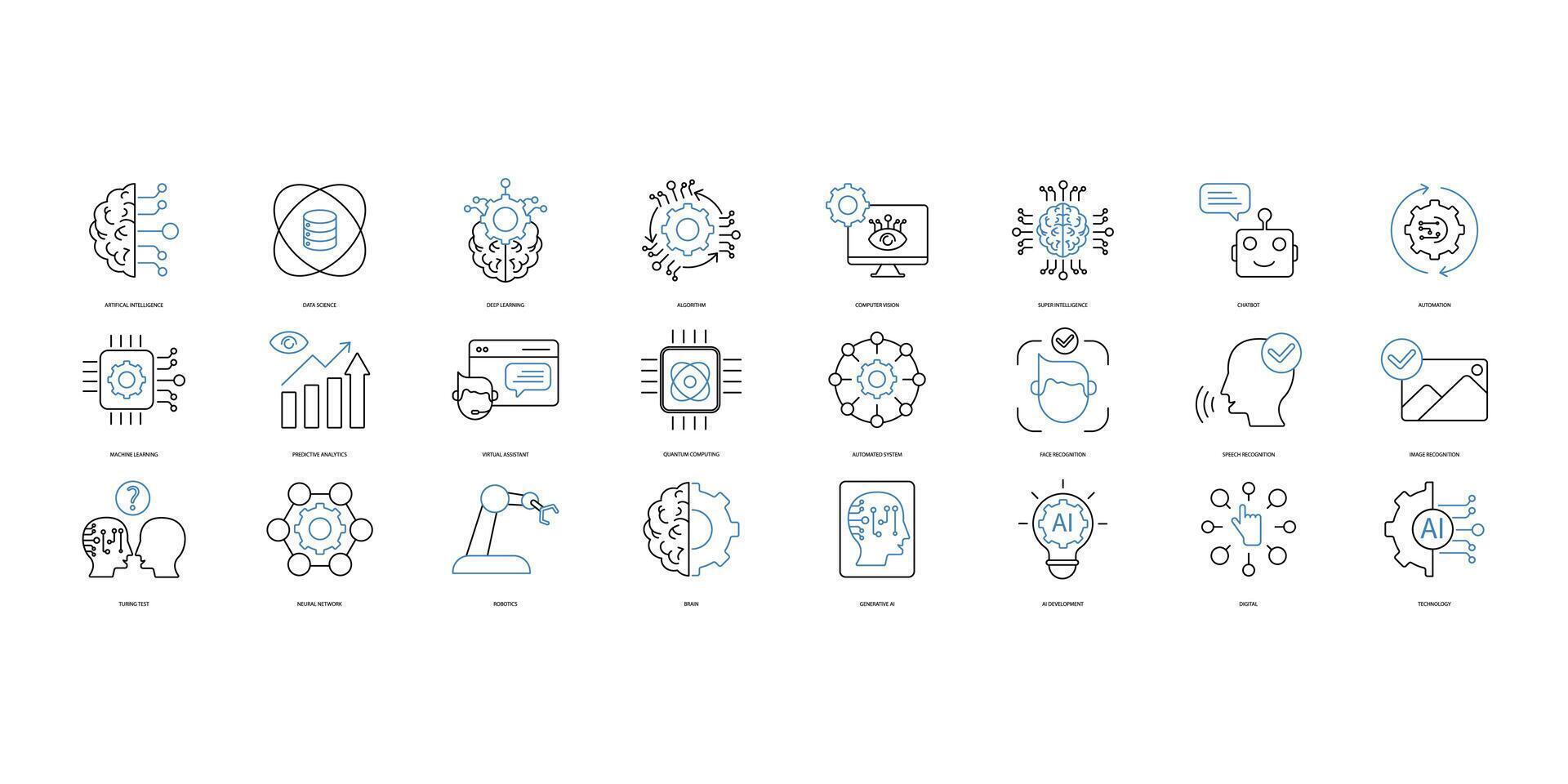Artificial intelligence icons set. Set of editable stroke icons.Vector set of Artificial intelligence vector