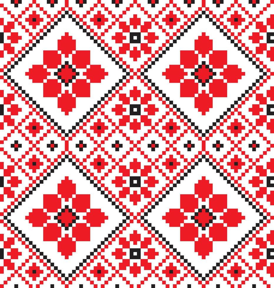 Vector seamless Ukrainian national pattern. Slavic embroidery with stars and flowers. Cross stitch pattern
