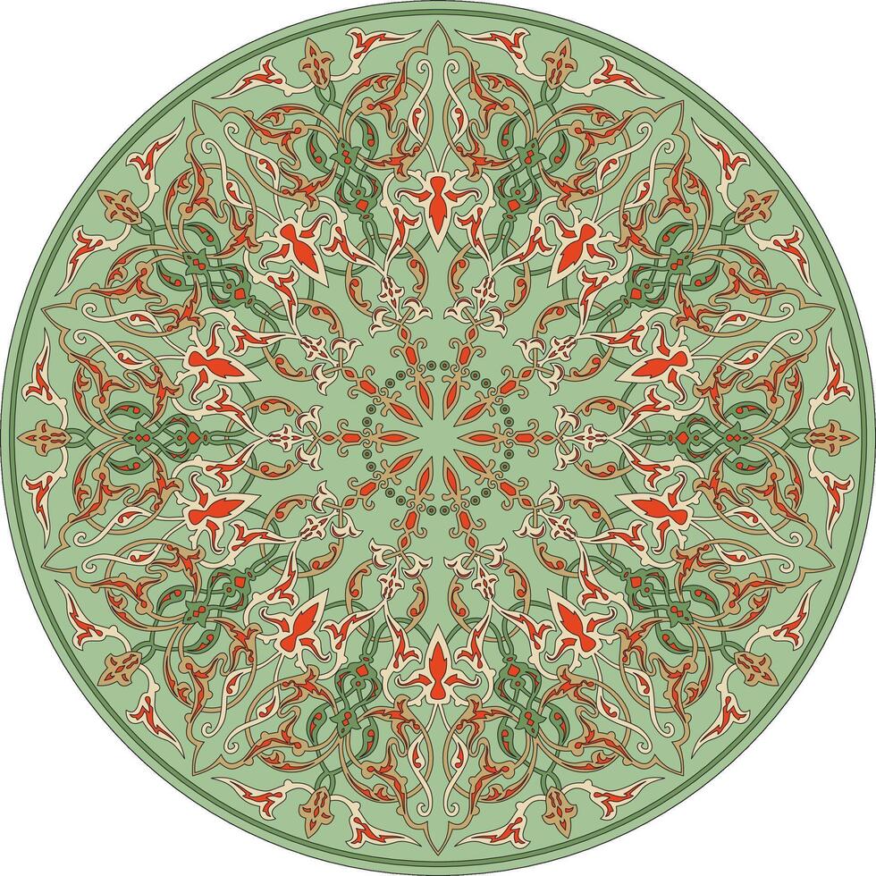 Vector template for stained glass. Turkish classic ornament for floor, ceiling. Green Muslim round pattern