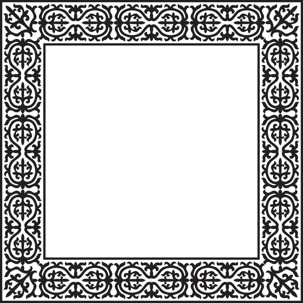 Vector black monochrome square Kazakh national ornament. Ethnic pattern of the peoples of the Great Steppe, .Mongols, Kyrgyz, Kalmyks, Buryats. Square frame border