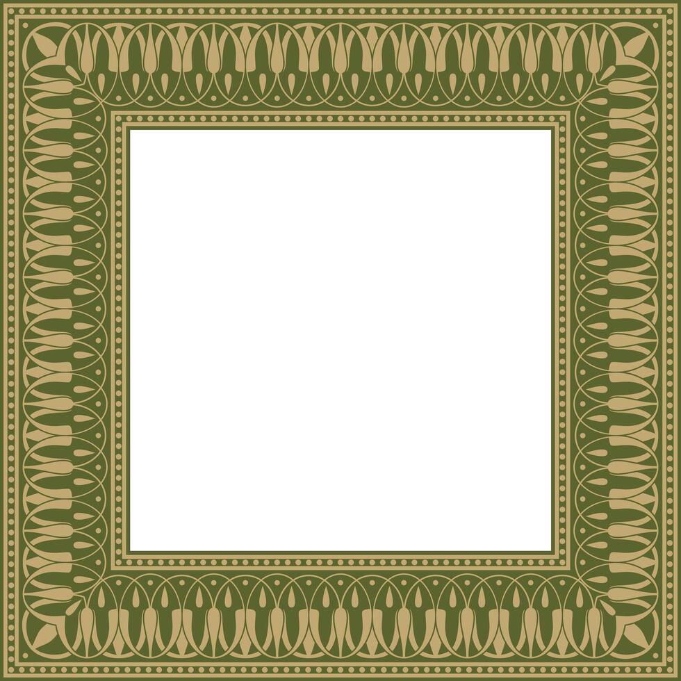 Vector gold and green square classic greek meander ornament. Pattern of ancient Greece. Border, frame of the Roman Empire