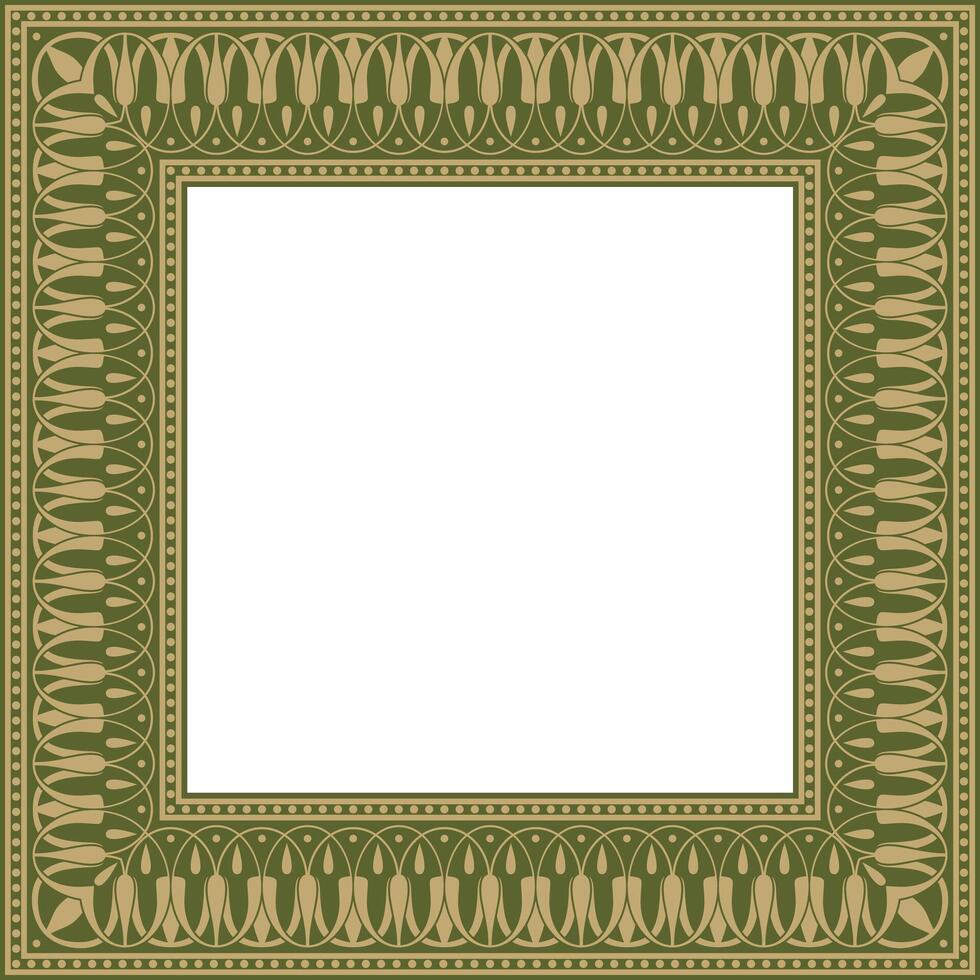 Vector gold and green square classic greek meander ornament. Pattern of ancient Greece. Border, frame of the Roman Empire
