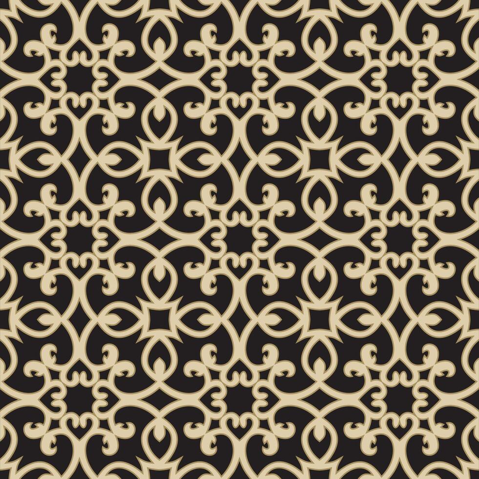 Vector seamless classic gold pattern on a black background. Lattice for the window. Drawing for wallpaper and background. European ornament. Oriental motives.
