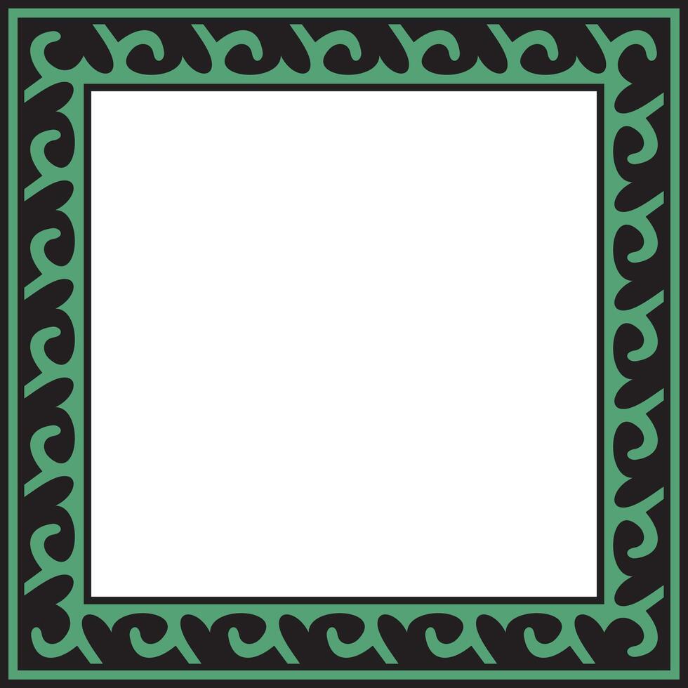 Vector green with black Square Kazakh national ornament. Ethnic pattern of the peoples of the Great Steppe, .Mongols, Kyrgyz, Kalmyks, Buryats. Square frame border