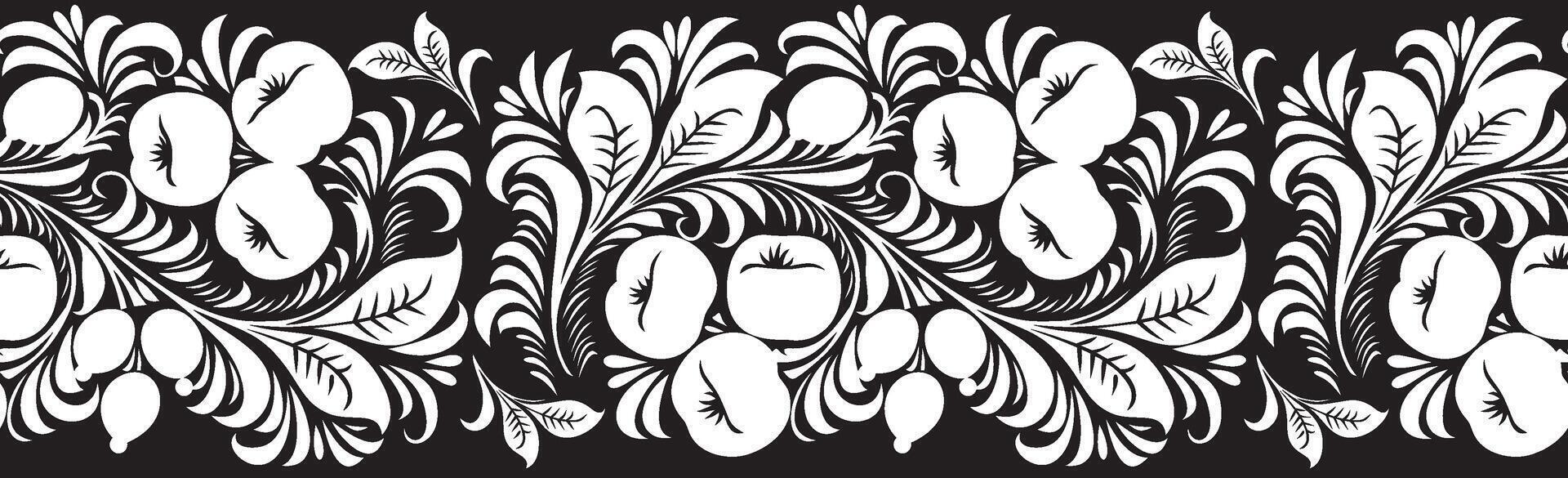 Vector seamless monochrome fruit and berry Russian national pattern border, Khokhloma. Ethnic endless frame ornament of the Slavic peoples of Europe.