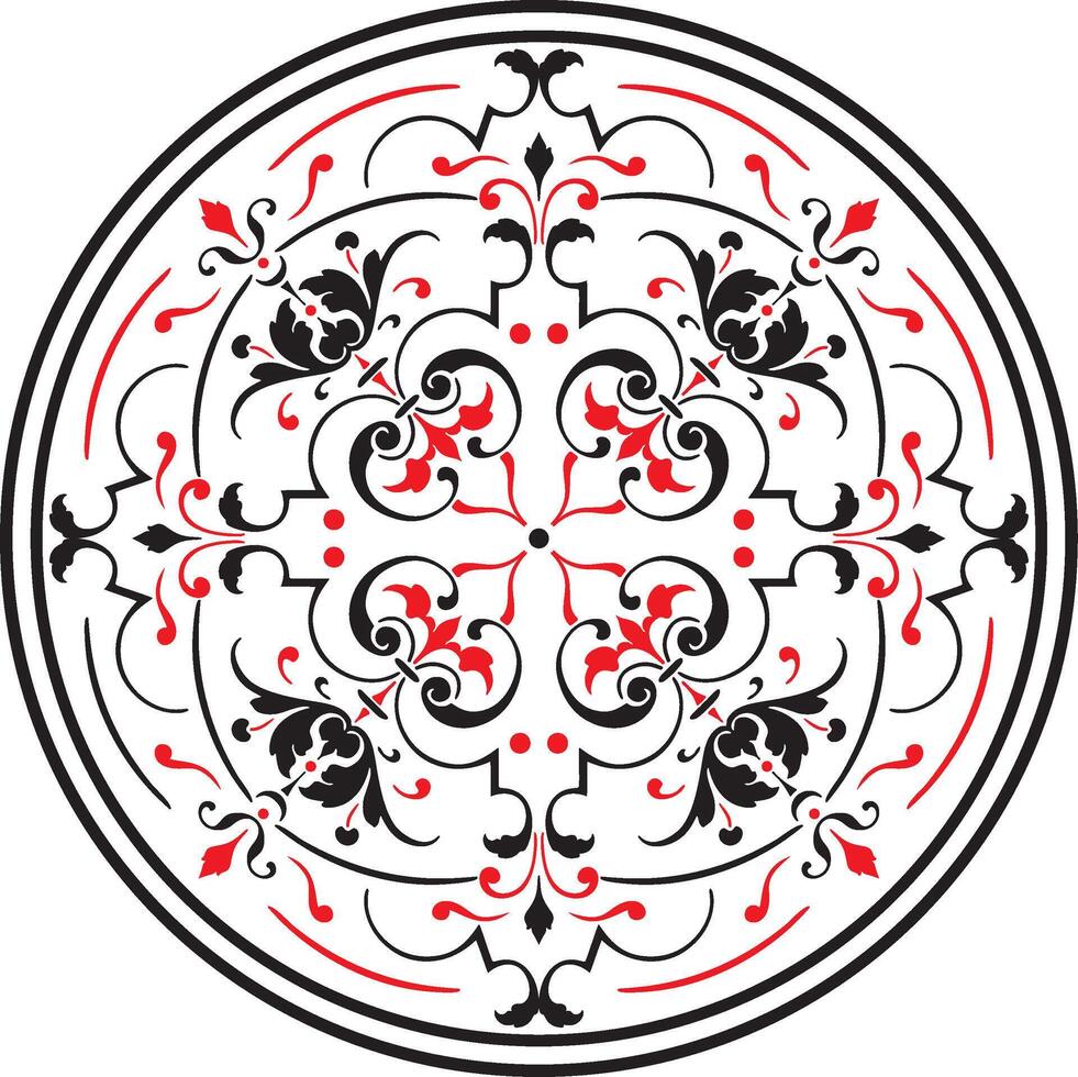 Vector round classic European ornament, red with black. Floral pattern in a circle. Antiquity of ancient greece and the roman empire.