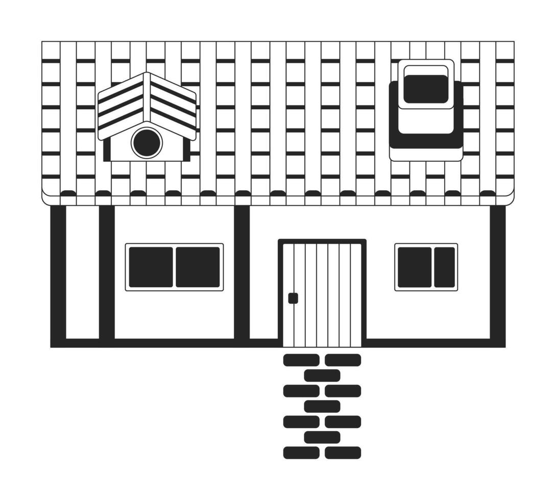 rural casa con pavimentado la carretera negro y blanco 2d línea dibujos animados objeto. cabaña edificio aislado línea vector elemento blanco antecedentes. videojuego diseño desarrollo monocromo plano Mancha ilustración