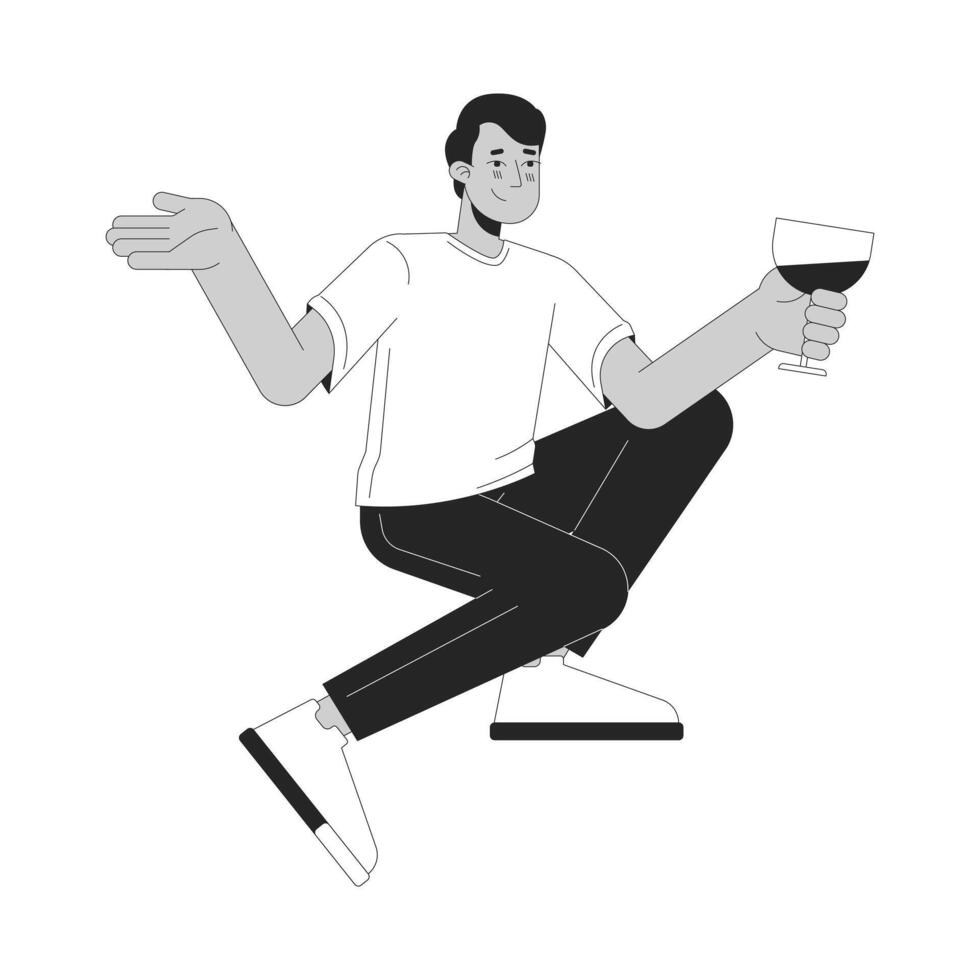 indio hombre Bebiendo cóctel negro y blanco 2d línea dibujos animados personaje. sur asiático chico participación Copa de vino aislado vector contorno persona. salud joven adulto masculino monocromo plano Mancha ilustración