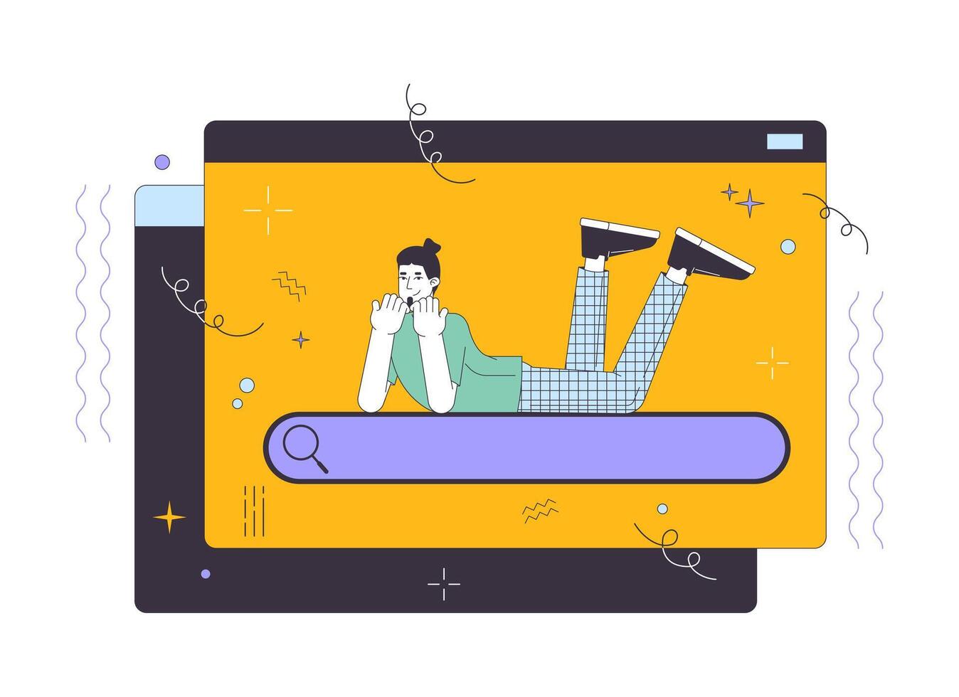 Searching information on internet 2D linear illustration concept. Positive user lying on search field cartoon character isolated on white. Data browsing metaphor abstract flat vector outline graphic