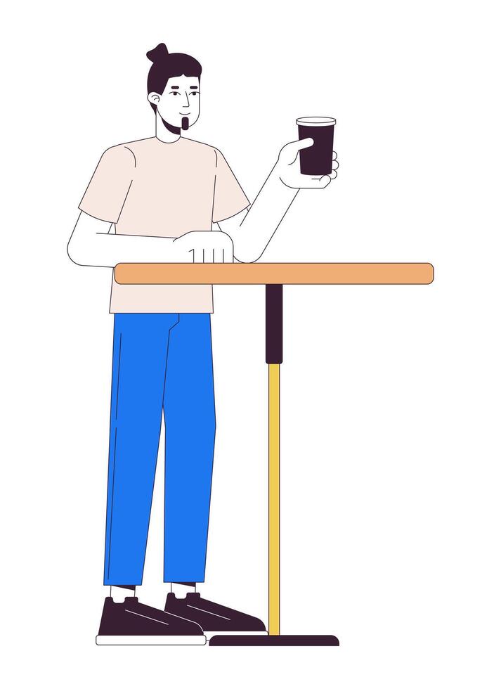 invitado masculino Bebiendo café a mesa 2d lineal dibujos animados personaje. caucásico hombre en café aislado línea vector persona blanco antecedentes. ordenando bebida en cafetería color plano Mancha ilustración
