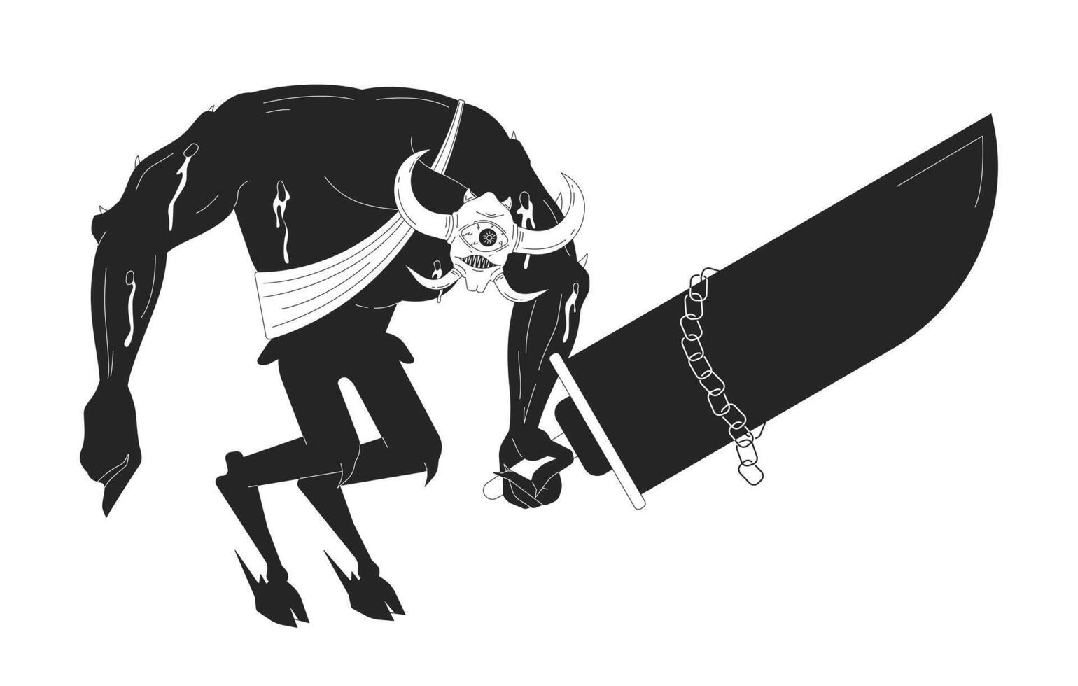 Scary one eyed demon holding sword black and white 2D line cartoon character. Mythical creature ready to attack isolated vector outline personage. Videogame boss monochromatic flat spot illustration