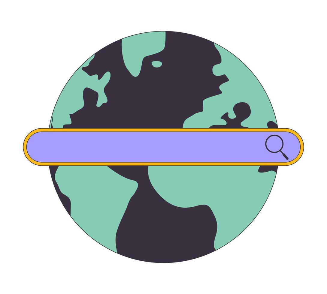 Search bar on globe 2D linear cartoon object. International internet browser. Global network isolated line vector element white background. Access to digital data color flat spot illustration