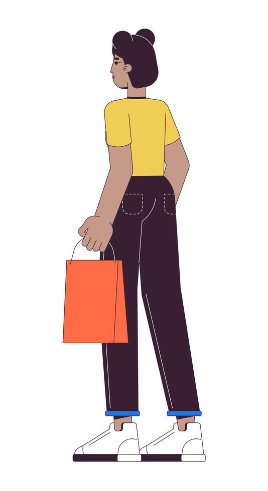 africano americano mujer con compras bolso 2d lineal dibujos animados personaje. negro hembra comprador aislado línea vector persona blanco antecedentes. adquisitivo bienes para divertido color plano Mancha ilustración