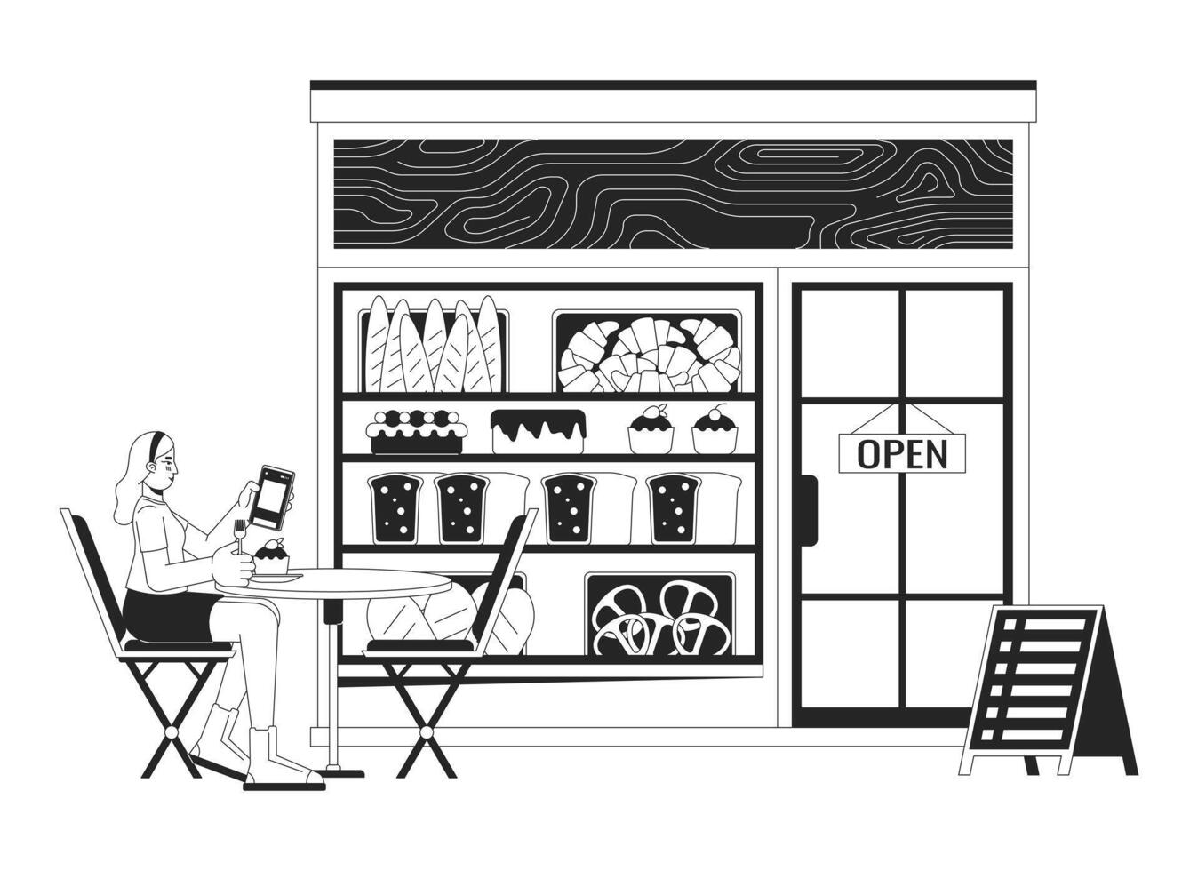 Woman visiting bakery shop black and white 2D line cartoon character. Caucasian female guest sitting at cafe table isolated vector outline person. Small business monochromatic flat spot illustration