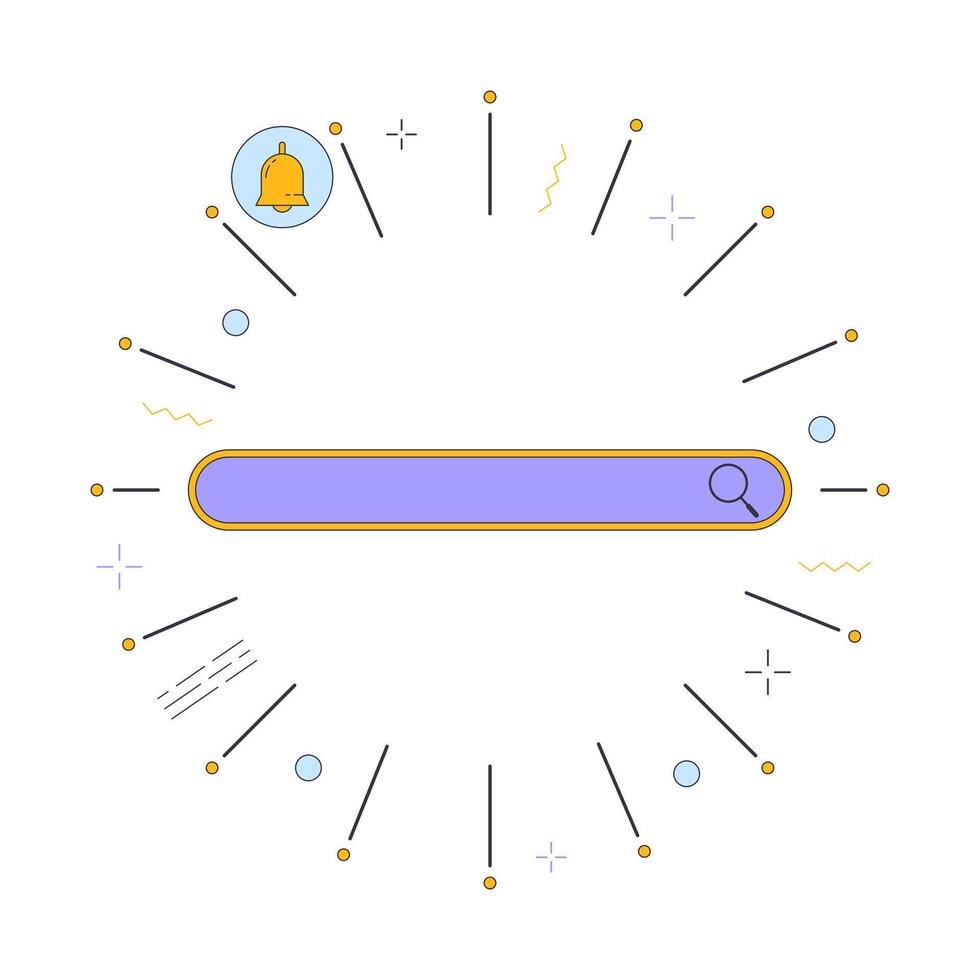 Search bar with notification bell in frame 2D linear cartoon objects. Web browser interface isolated line vector elements white background. Software development color flat spot illustration