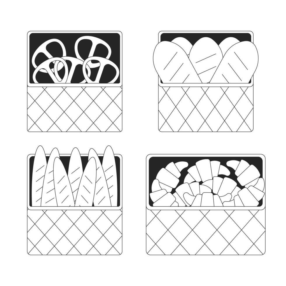 Bakery products black and white 2D line cartoon objects set. Small food business. Pastry assortment in baskets isolated vector outline items collection. Bread monochromatic flat spot illustrations