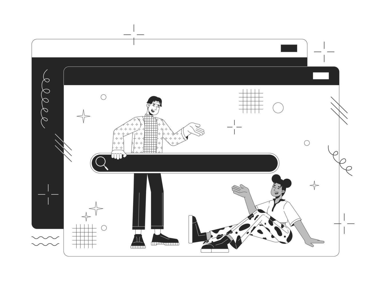 Communication technology 2D linear illustration concept. Web site diverse users searching data cartoon characters isolated on white. Internet data sources metaphor monochrome vector art