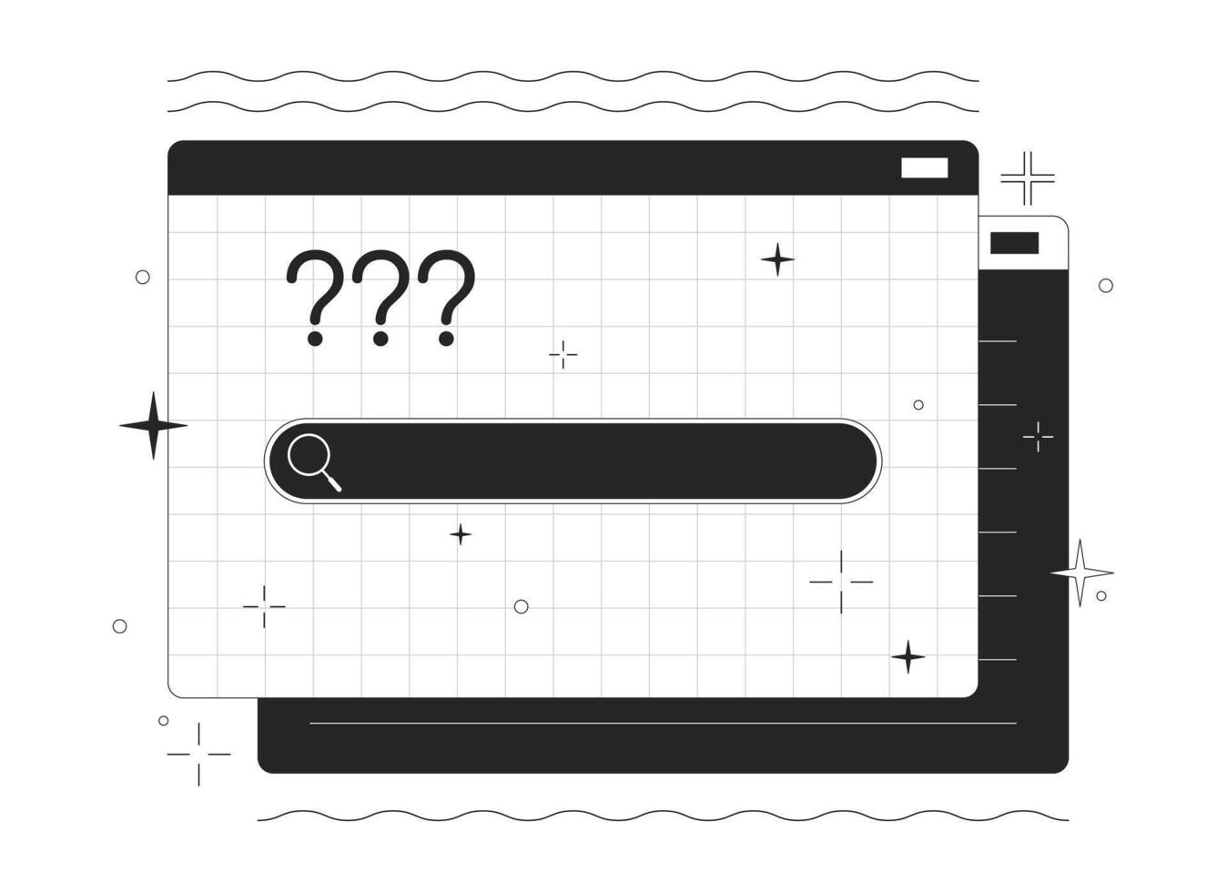 Search box and question marks on website black and white 2D line cartoon object. Find info online isolated line vector element white background. Data seeking monochromatic flat spot illustration