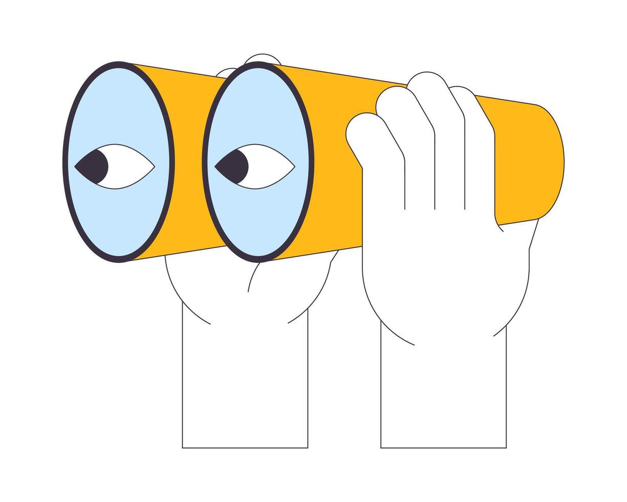 Holding powerful binoculars linear cartoon character hands illustration. Optical device to observe distant items outline 2D vector image, white background. Tourist supplies editable flat color clipart