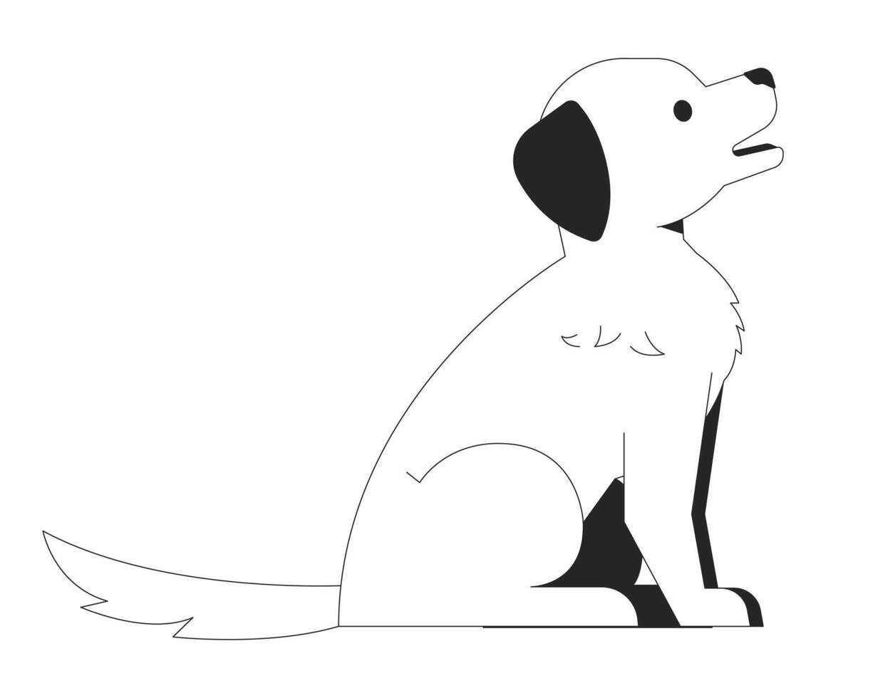 Friendly dog sitting black and white 2D line cartoon character. Pedigreed puppy. Fluffy canine pet companion isolated vector outline animal. Veterinarian service monochromatic flat spot illustration