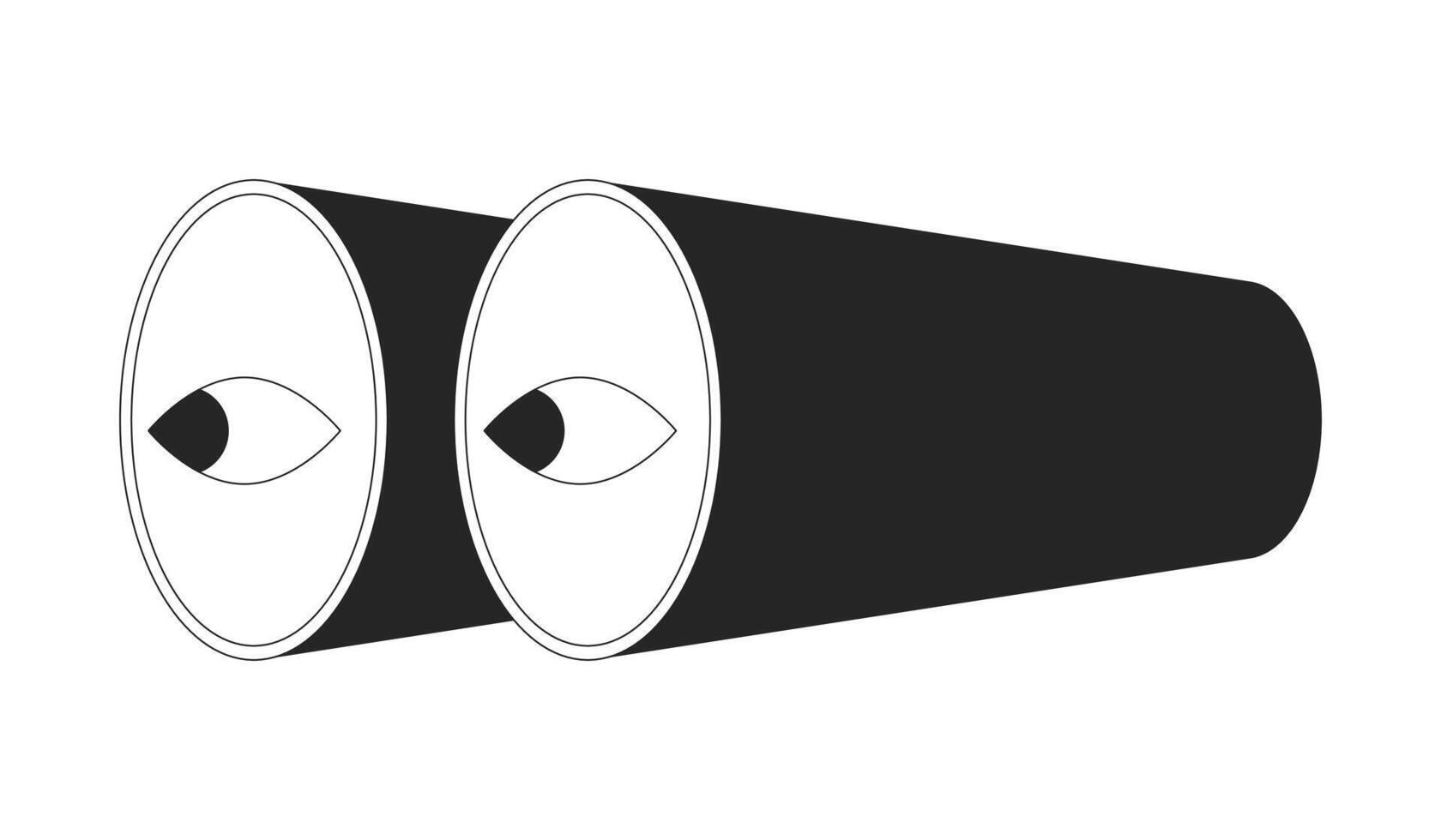 Binoculars with eyes on lenses black and white 2D line cartoon object. Observing items with optical tool isolated line vector element white background. Watch monochromatic flat spot illustration
