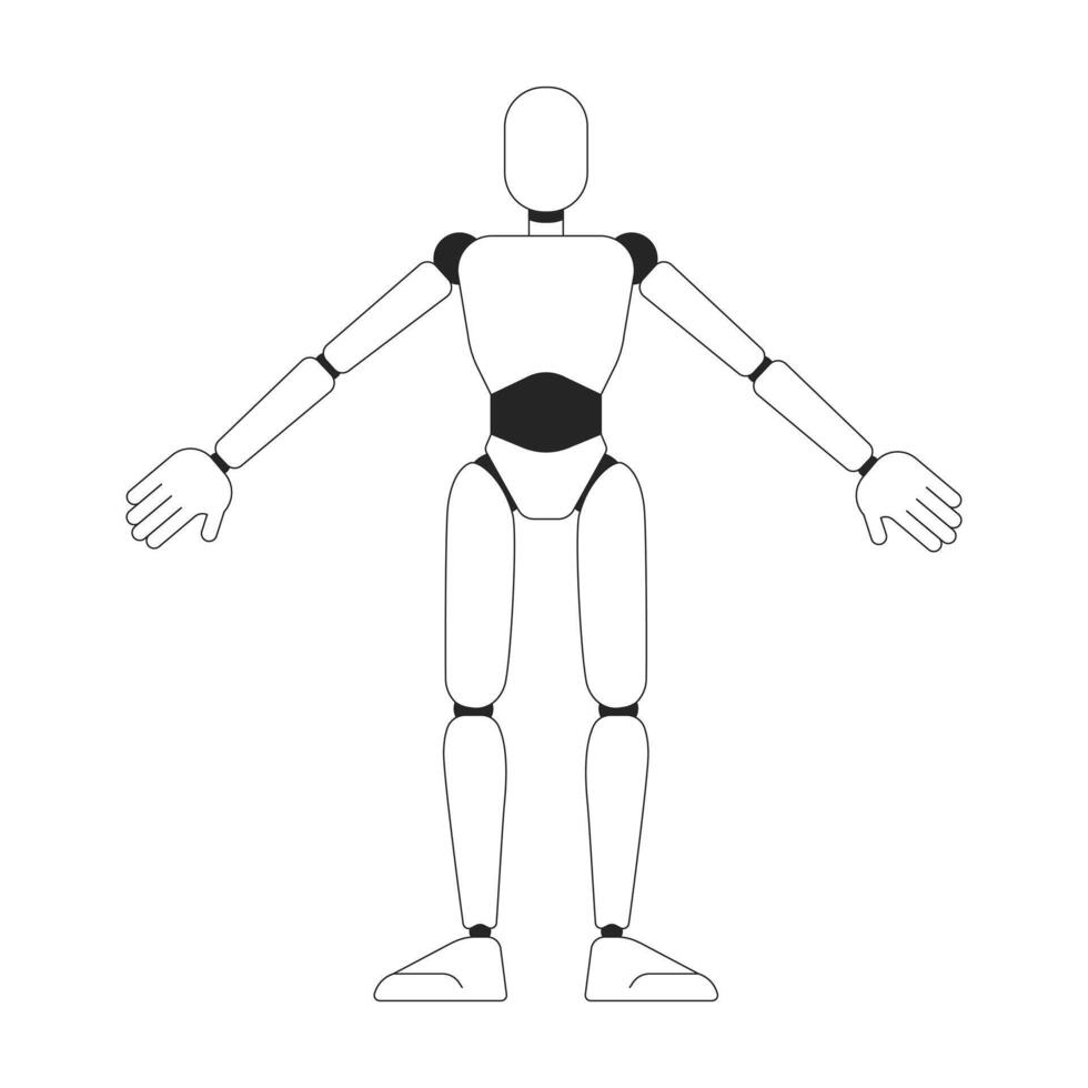 humanoide robot modelo negro y blanco 2d línea dibujos animados personaje. Ingenieria oficina máquina prototipo aislado vector contorno personaje. robótico industria monocromo plano Mancha ilustración